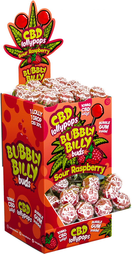 bubble-billy-cbd-lollipops-raspberry Bubbly Billy CBD lollipops con chicle y 10mg de CBD sabor Frambuesa - Imagen 1