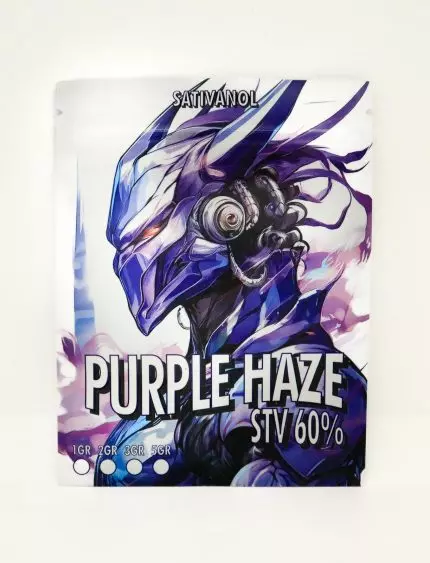 “Envase Sativanol Purple Haze STV 60% con ilustración futurista en tonos morados.