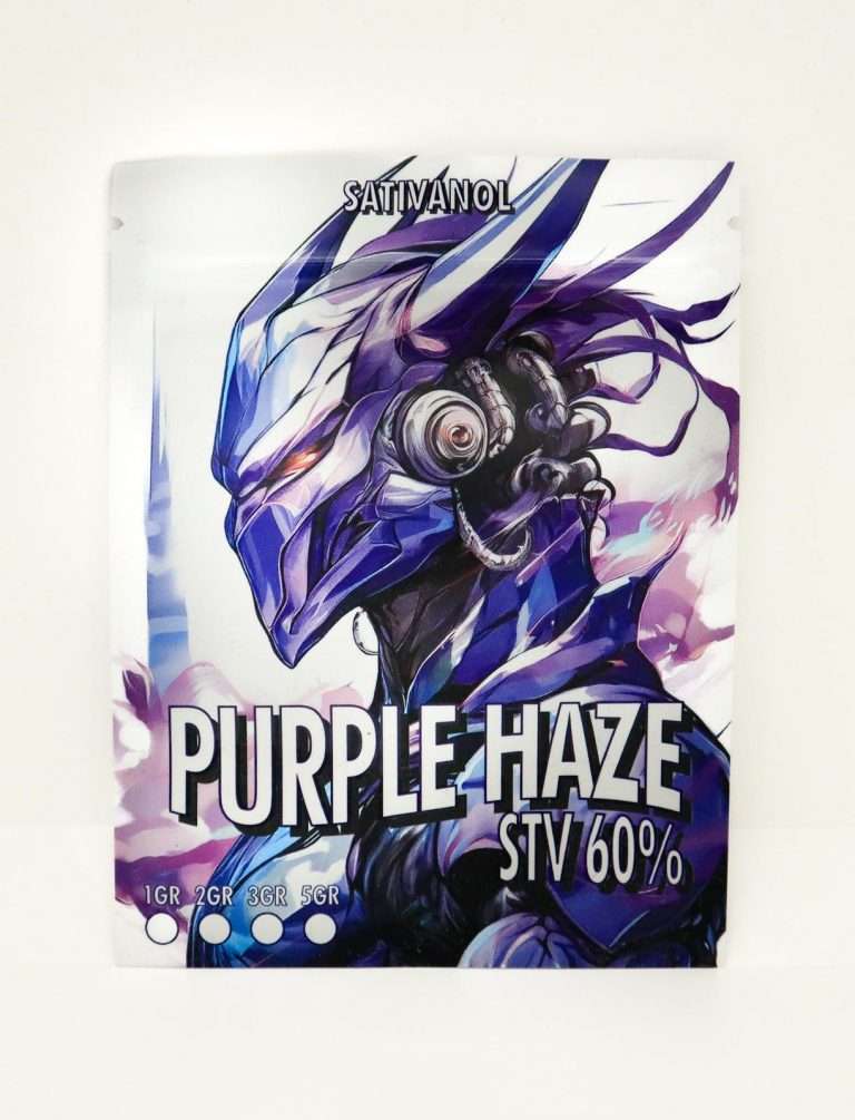 “Envase Sativanol Purple Haze STV 60% con ilustración futurista en tonos morados.