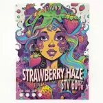 “Envase Sativanol Strawberry Haze STV 60% con ilustración psicodélica de rostro femenino y fresas.”