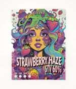 “Envase Sativanol Strawberry Haze STV 60% con ilustración psicodélica de rostro femenino y fresas.”