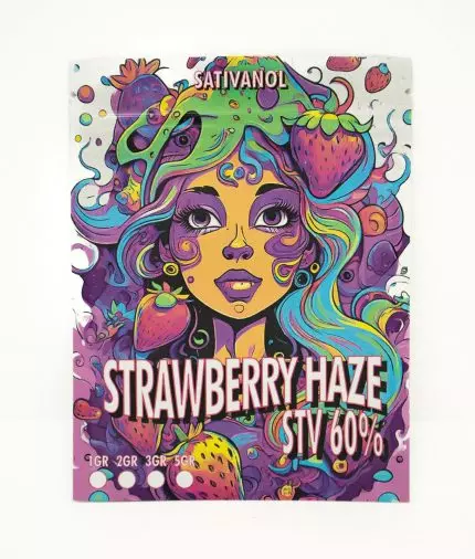 “Envase Sativanol Strawberry Haze STV 60% con ilustración psicodélica de rostro femenino y fresas.”